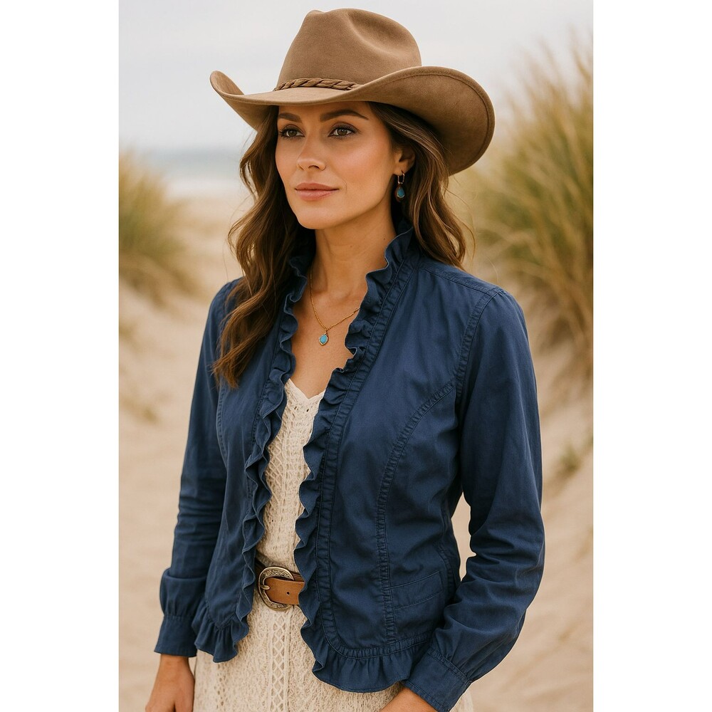 INC International‎ Concepts Womens L Navy Ruffle Trim Jacket Medium Boho Coast